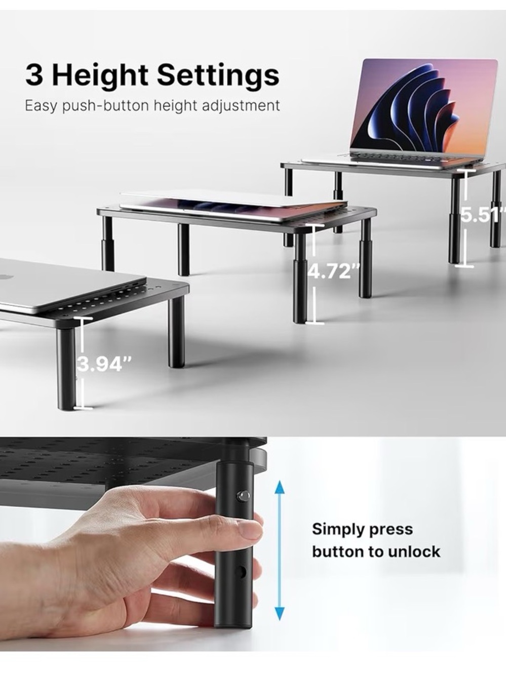 HUANUO Monitor Stand, Monitor Stand Riser 3 Height Adjustable, Monitor Riser - Picture 2 of 13